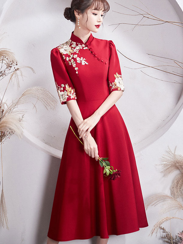 Embroidered Floral A-Line Tea Length Wedding Cheongsam Qipao Dress - Vintage Chinese Bridal Gown for Wedding Ceremony, Engagement Party & Special Occasions