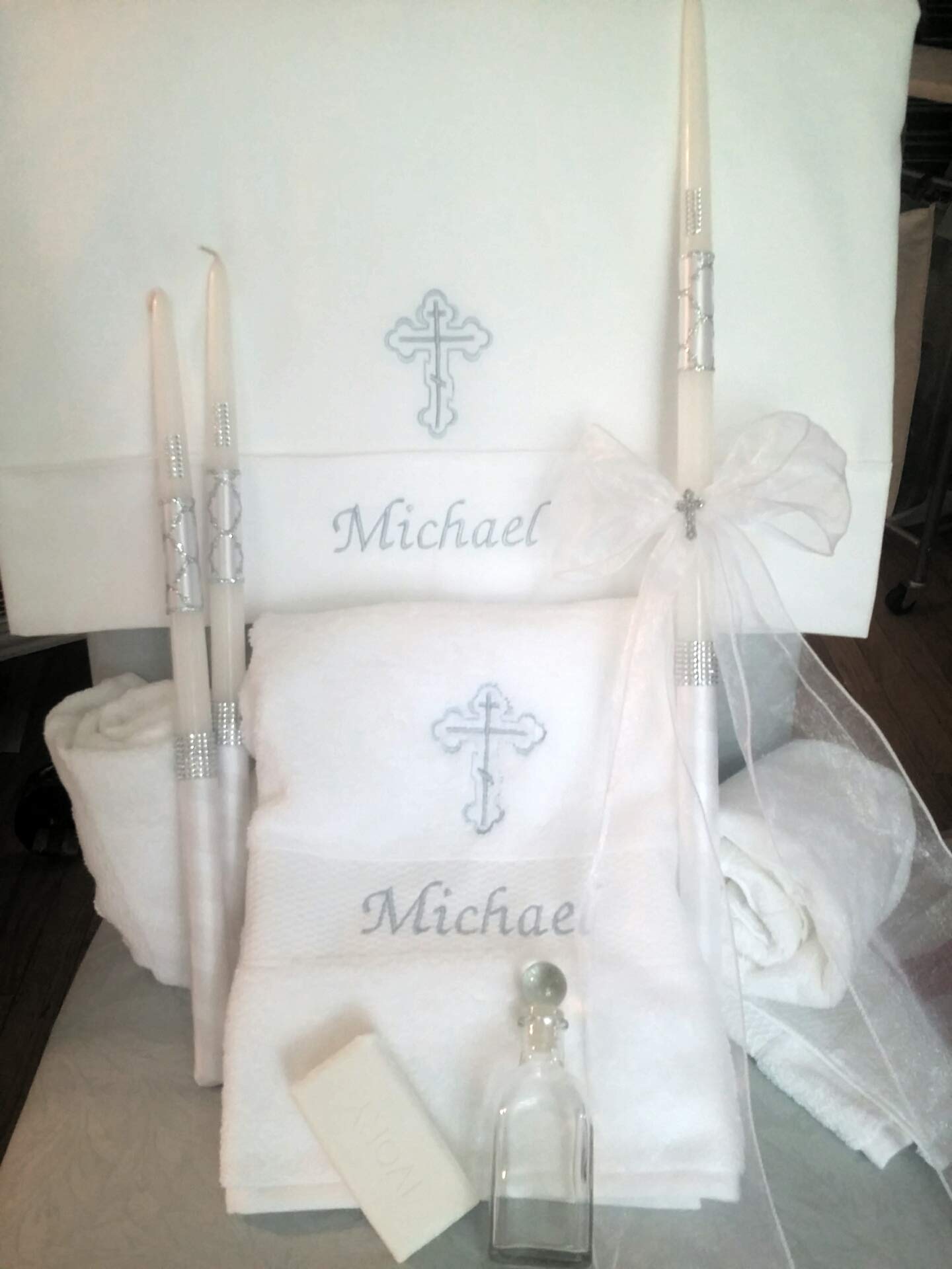 Personalized Greek Orthodox Baptism Gift Set - Embroidered Baptism Towel, Candles, Oil Sheet, Soap & Oil Bottle | Christening Ceremony, Baby Shower, Religious Keepsake