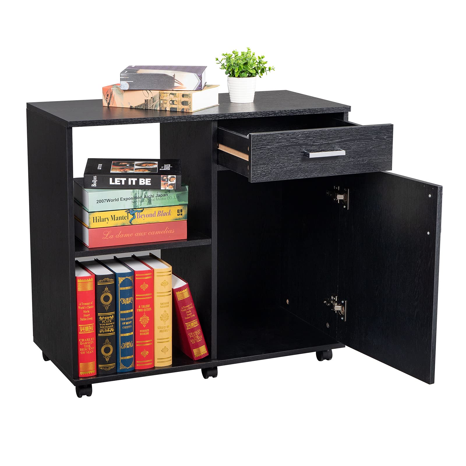 WiCCI GT6-ZJ 3-Tier Wooden Filing Cabinet with Left Frame & Right Drawer - Black - Perfect for Office, Home, or Classroom Organization