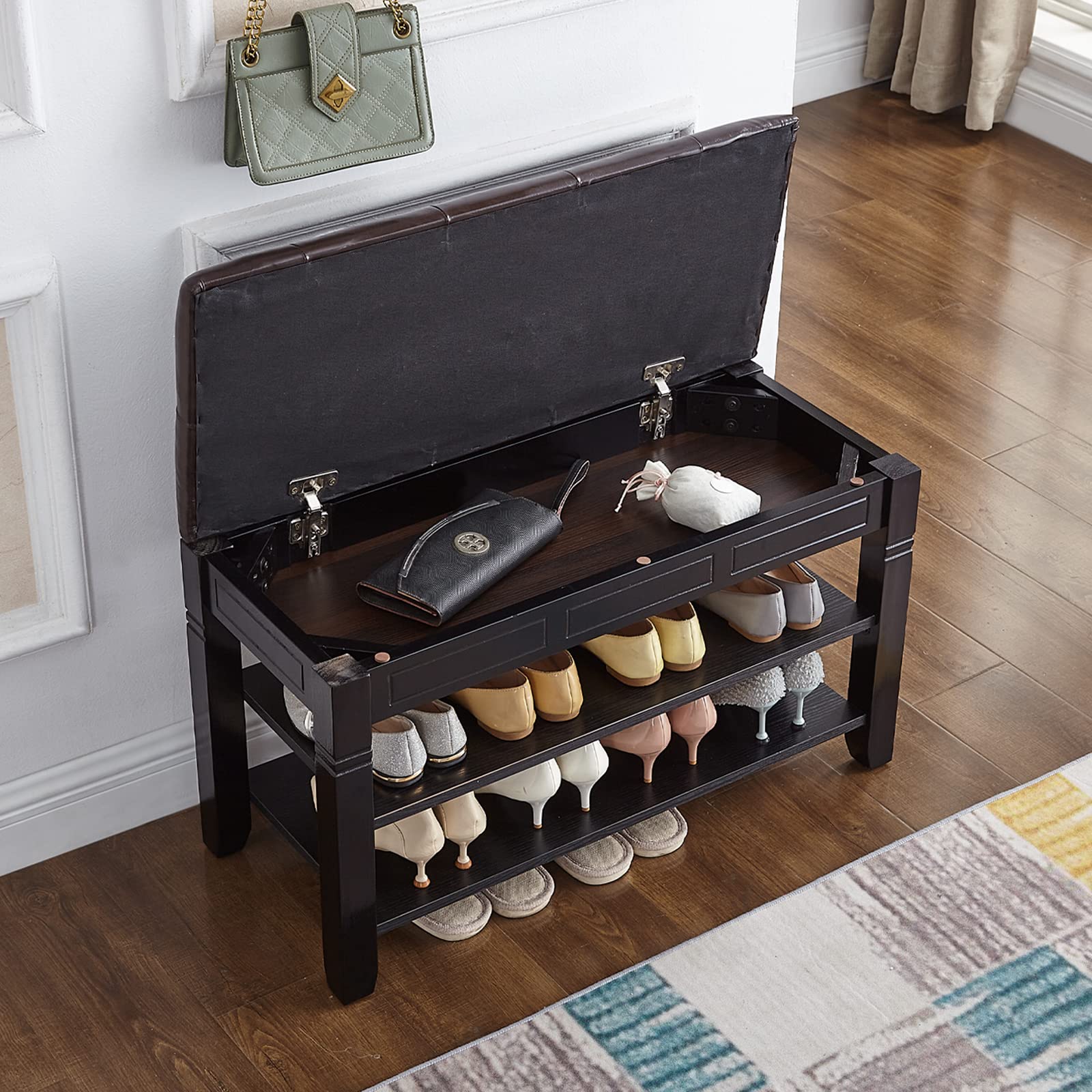 Solid Wood Shoe Storage Bench with Cushion - 31.5