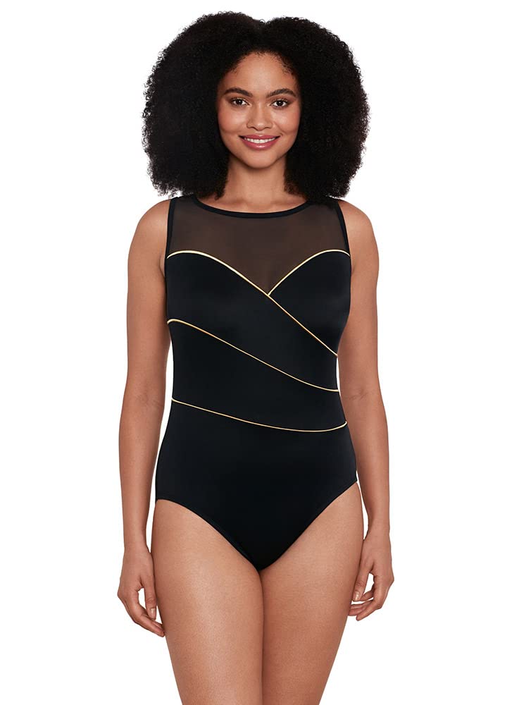 Longitude Women's One Piece Swimsuit - High Neck Mesh Scoop Back Long Torso Bathing Suit with Soft Cups | Perfect for Swimming, Beach Vacations & Poolside Relaxation