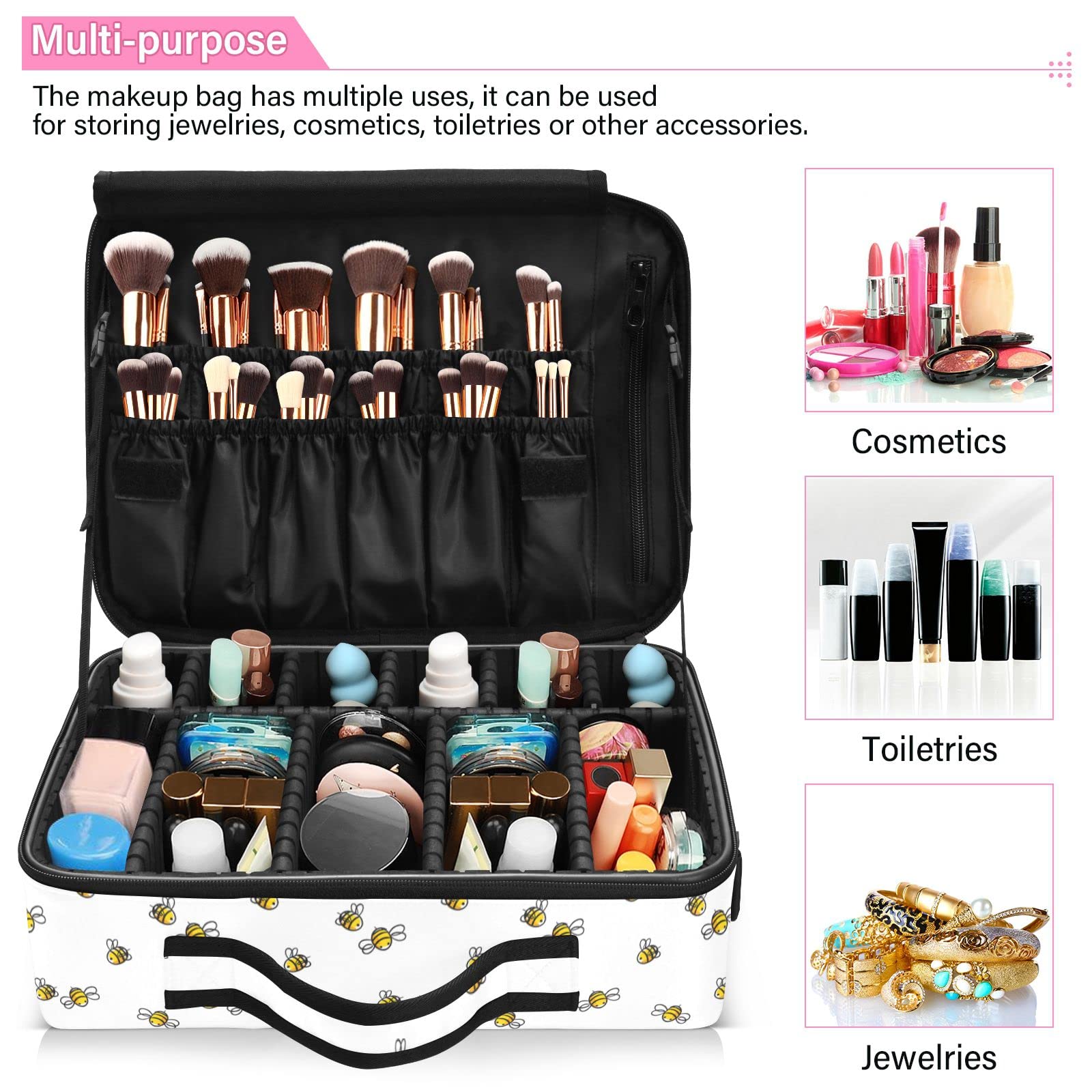 Moyyo Yellow Bees Travel Makeup Bag for Women - Professional Cosmetic Organizer Case, Portable Train Case for Makeup Artists - Perfect for Travel, Salon & Home Storage