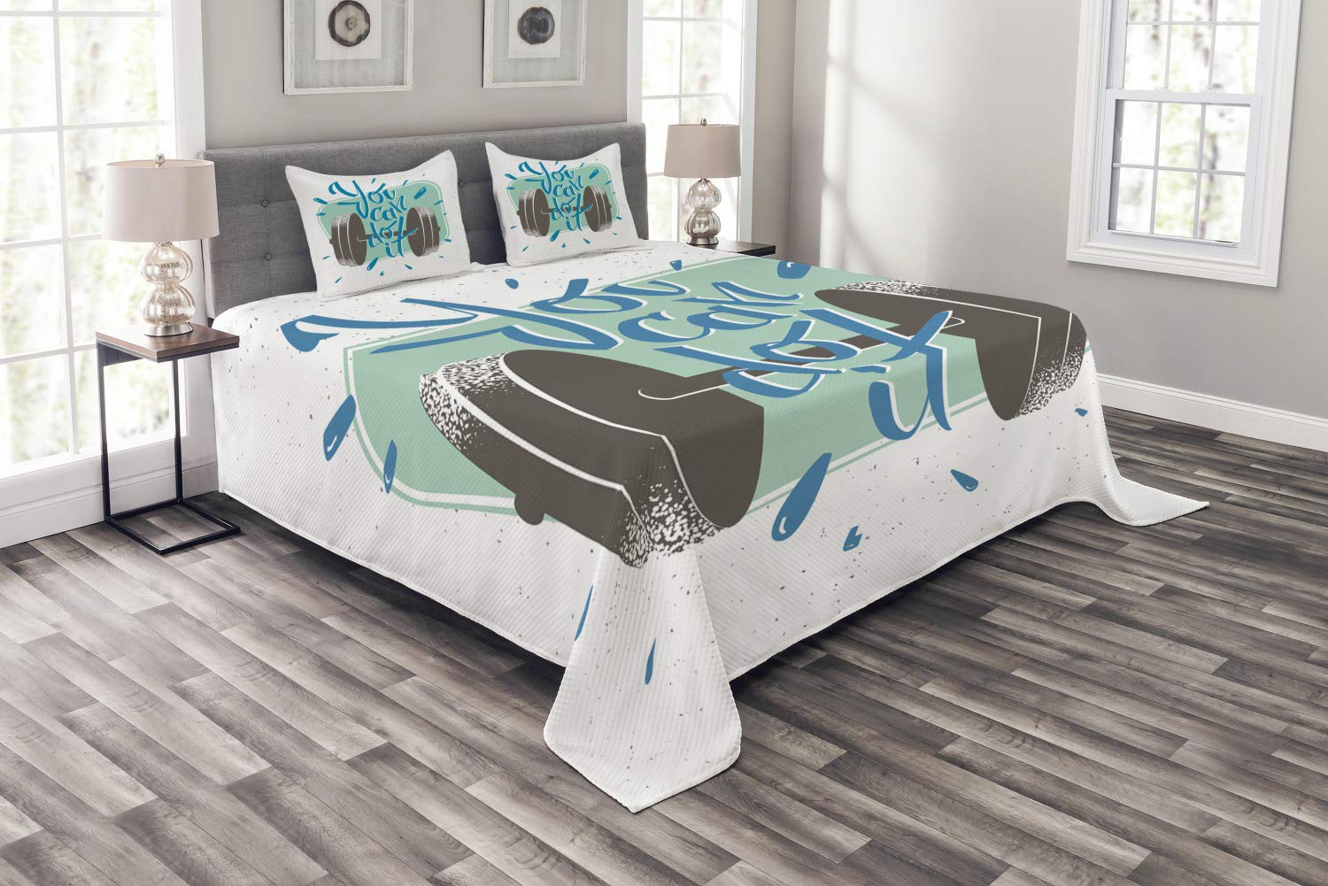 Ambesonne Fitness Bedspread Set – Retro Dumbbell Design with 'You Can Do It' Motivational Phrase, 3-Piece Decorative Bedding Coverlet & 2 Pillow Shams, Queen Size, Grey Almond Green Blue – Perfect for Gym Lovers & Home Workout Spaces