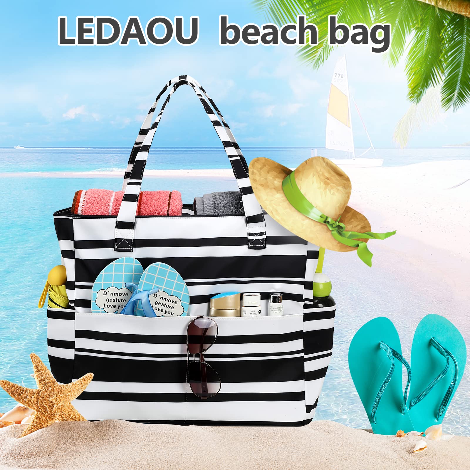 Waterproof Large Beach Tote Bag for Women - Sandproof Zippered Pool & Gym Bag with Wet Pocket - Perfect for Beach, Travel, Shopping & Groceries