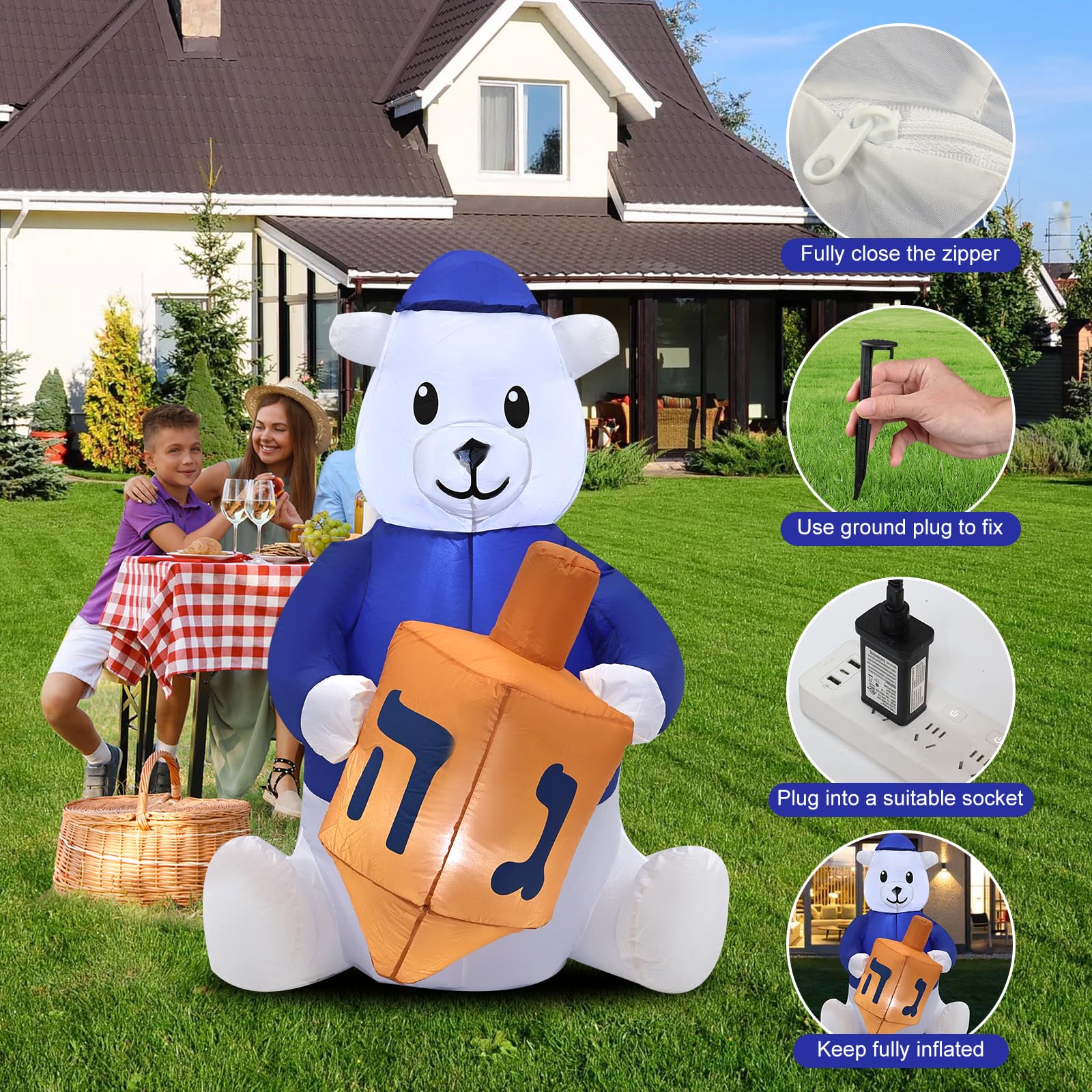 4ft Hanukkah Inflatable Outdoor Decorations - LED Light-Up Hanukkah Bear for Indoor/Outdoor Patio, Garden & Yard - Holiday Party, Festival & Home Decoration