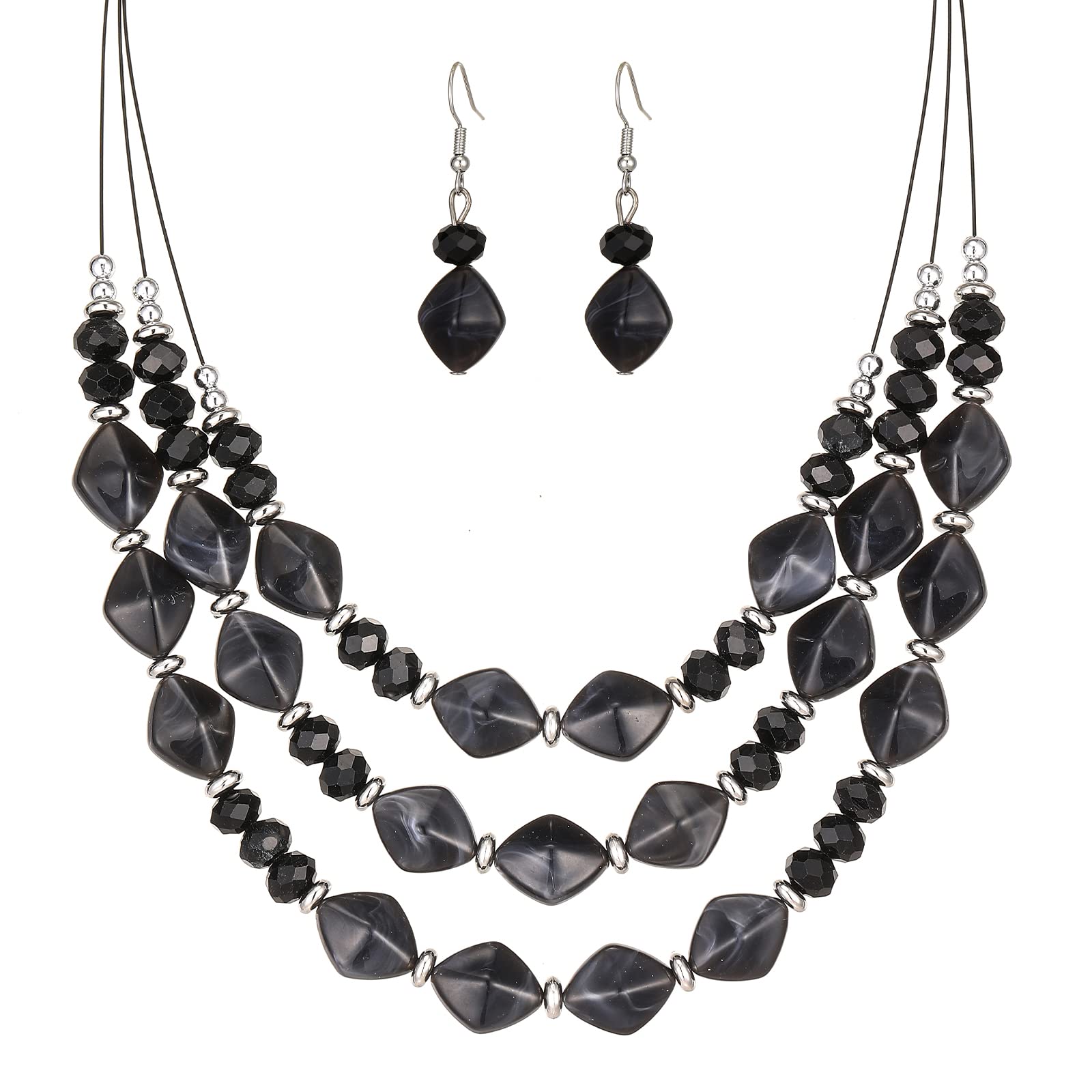 3-Layer Chunky Beaded Statement Necklace Set with Matching Earrings - Women's Fashion Jewelry for Parties, Weddings & Special Occasions - Perfect Gift for Her