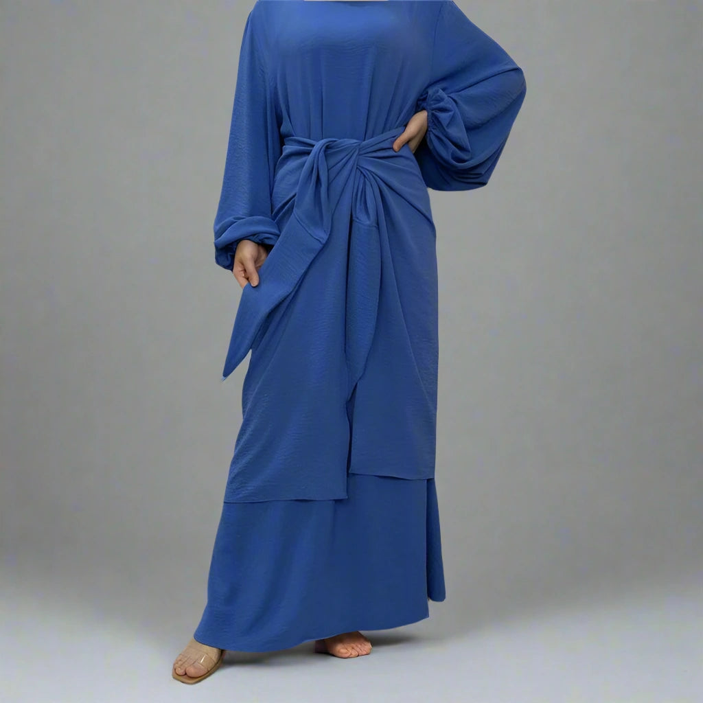Elegant Solid Color Muslim Women's Abaya Dress with Mid Wrap - Modest Islamic Prayer Dress for Daily Wear & Special Occasions