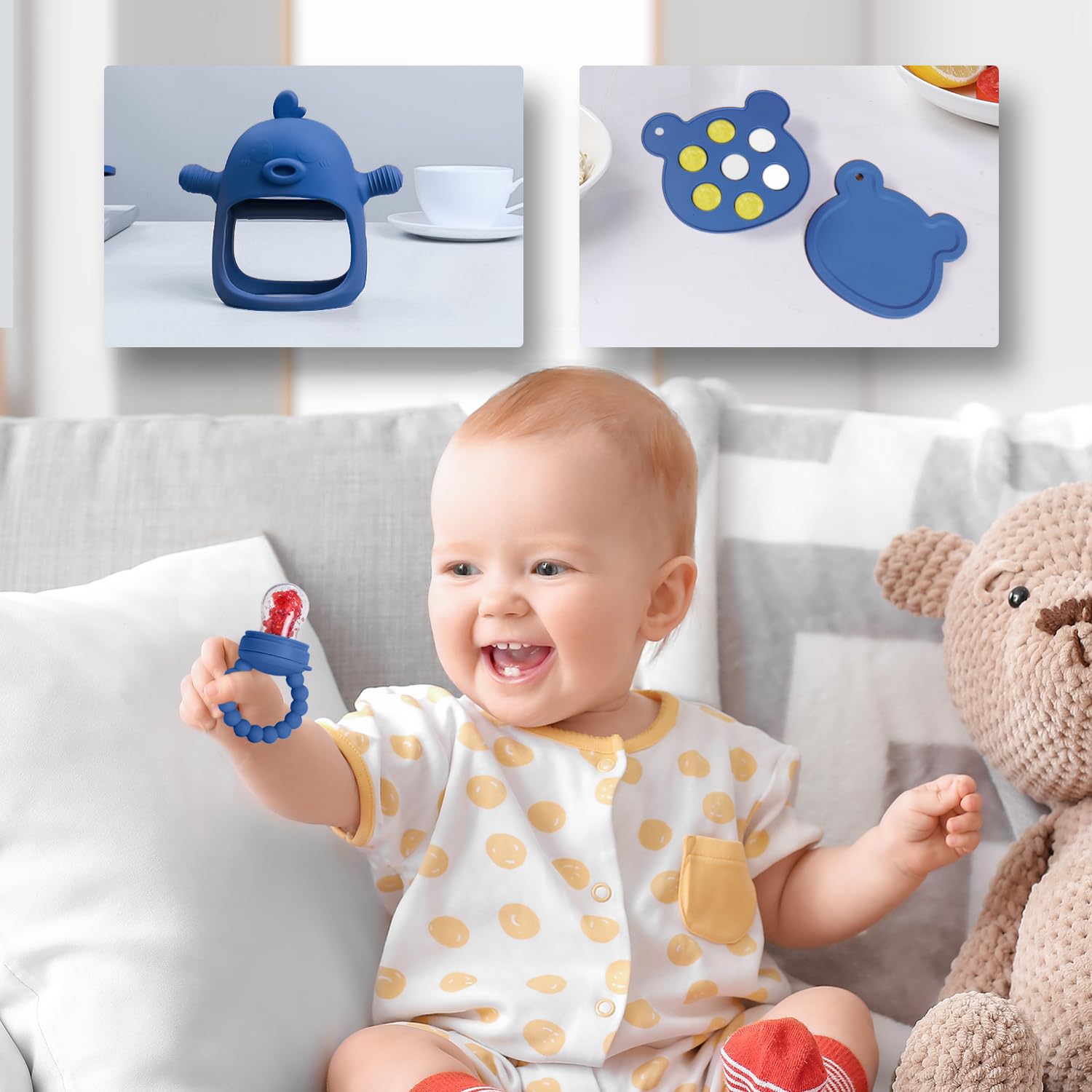 Baby Fruit Feeder Pacifier - 3 Pack Set with Mesh Feeder, Teething Toys & Popsicle Molds | Safe Silicone Teether for Breastmilk & Baby Food | BPA-Free Infant Feeding Essentials | Perfect for Soothing Sore Gums & Introducing Solids | Steel Blue