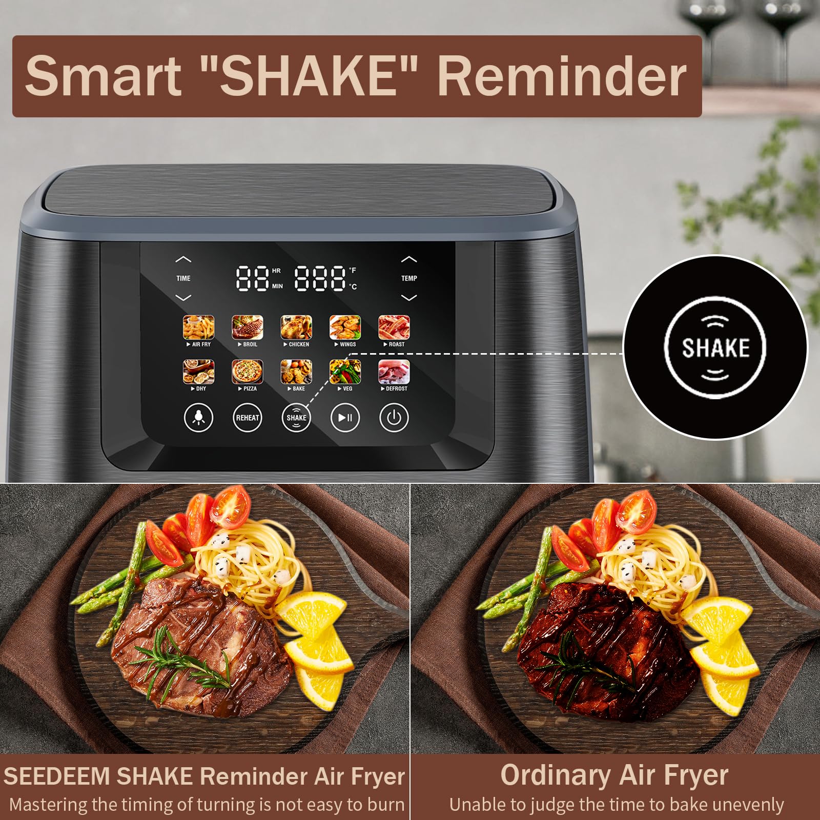 SEEDEEM Max XL 8-Quart Air Fryer Toaster Oven Combo - 10-in-1 Multi-Function Countertop Convection Oven with LCD Touchscreen, ClearCook Window for Baking, Roasting, Broiling, Dehydrating (Gray) - Perfect for Family Cooking, Healthy Meals & Party Snacks