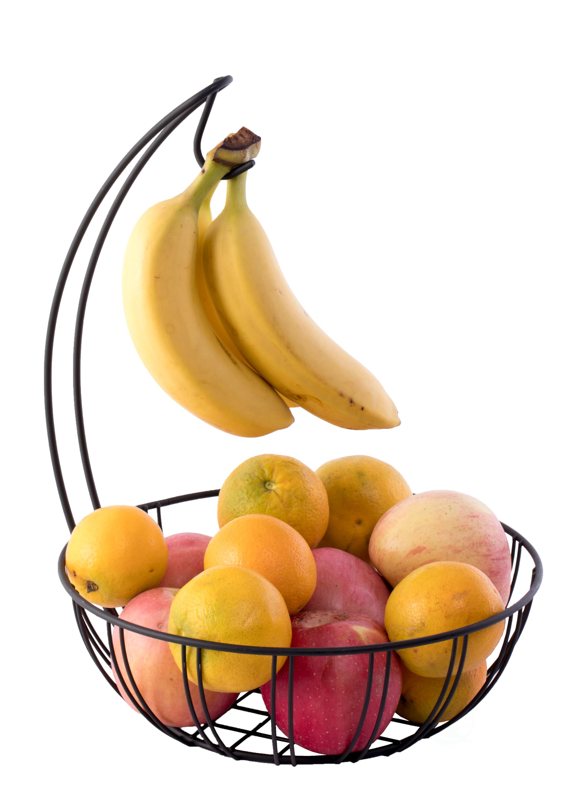 Basicwise Metal Wire Fruit Basket with Banana Hanger - Rustproof Kitchen Countertop Organizer for Fruits, Vegetables & Snacks - Perfect for Dining Table, Pantry or Office Break Room (Black)
