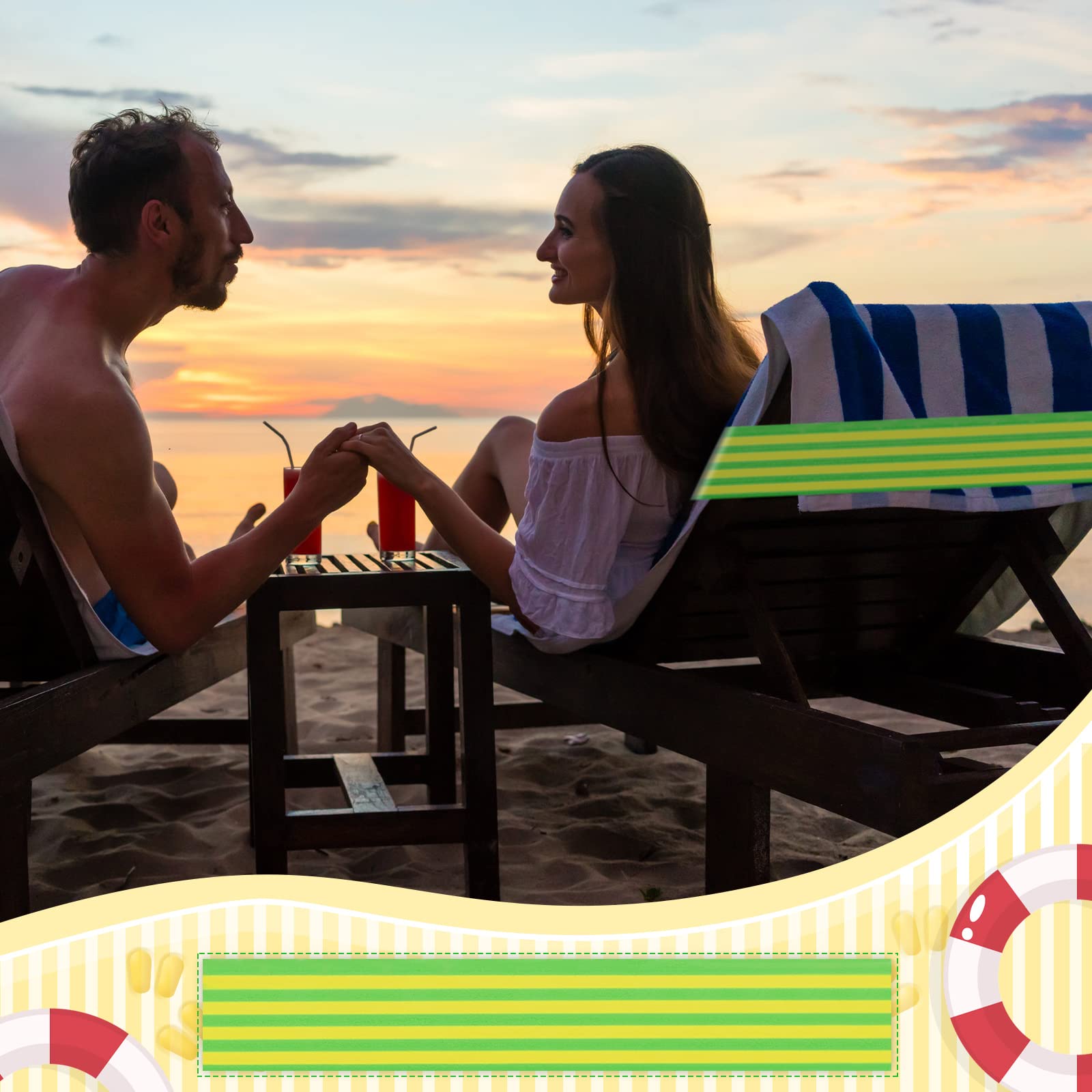 Boao 4-Pack Extra Large 15.75 x 1.97 Inch Windproof Elastic Towel Bands for Beach Chairs, Pool Loungers & Cruise Deck Chairs - Durable Strap Clips for Summer, Vacation & Hawaiian-Themed Accessories (Striped Pattern) - Perfect for Securing Towels at Resorts, Hotels and Backyard Pools