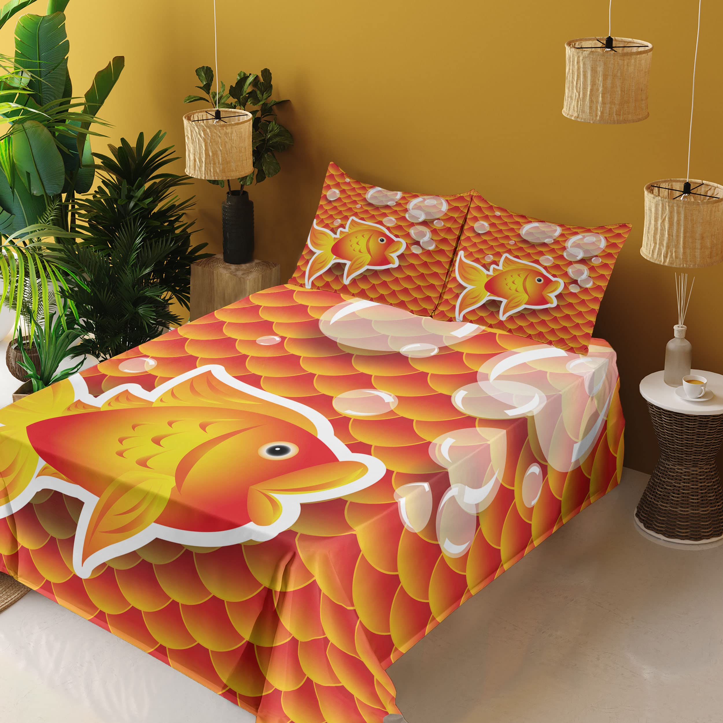 Ambesonne Orange Sheet Set - Small Goldfish & Bubbles Nautical Sea Print 3-Piece Bedding Set (Fitted Sheet, Flat Sheet & Pillowcase) for Twin XL - Burnt Orange | Perfect for Coastal Themed Bedrooms, Guest Rooms & Kids' Rooms