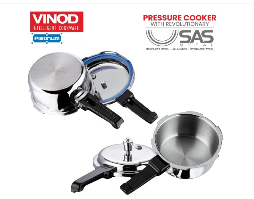 Vinod Platinum Triply Stainless Steel Pressure Cooker 2L with Outer Lid | SAS Induction & Gas Base Cookware | ISI & CE Certified | Perfect for Indian Cooking, Meal Prep & Fast Pressure Cooking