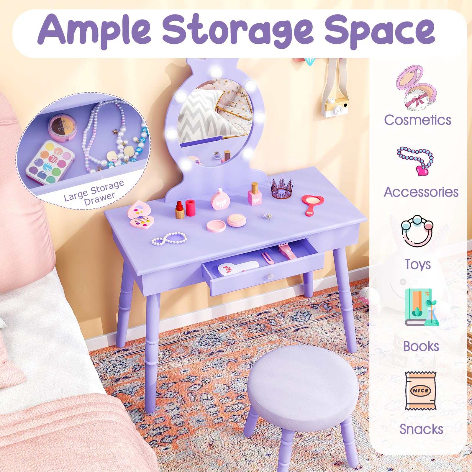 Costzon Kids Vanity Set with Mirror, Stool & LED Lights - 2-in-1 Wooden Makeup Dressing Table with Drawers for Girls - Pretend Play Toddler Vanity Desk & Chair Set (Violet) - Perfect for Birthday Gifts & Princess Room Decor