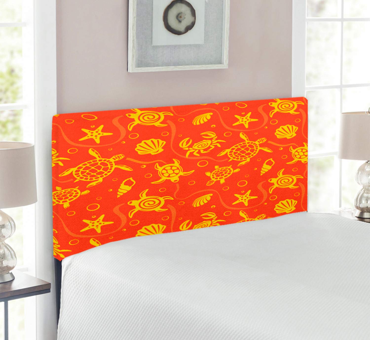 Ambesonne Tropical Ocean Themed Twin Size Headboard - Upholstered Metal Bed Frame with Memory Foam, Featuring Swimming Turtles, Crabs, Seashells, Bubbles & Starfish in Burnt Orange & Yellow | Perfect for Beach House Decor, Kids Room or Coastal Themed Bedroom