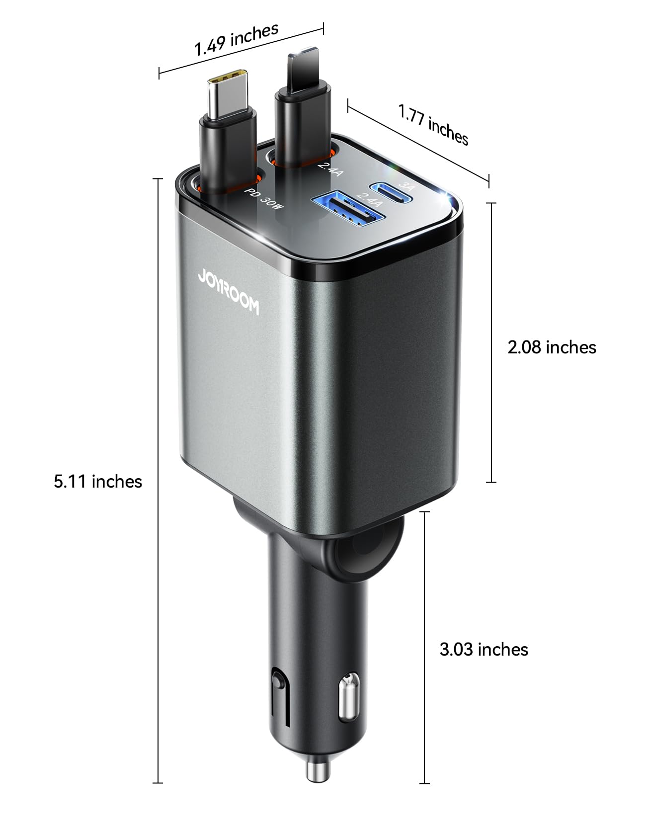 JOYROOM 69W Retractable Car Charger with USB-C - Ultra-Compact Fast Charger for iPhone 16/15 Pro Max - Gray Car Accessory for Road Trips & Daily Commute