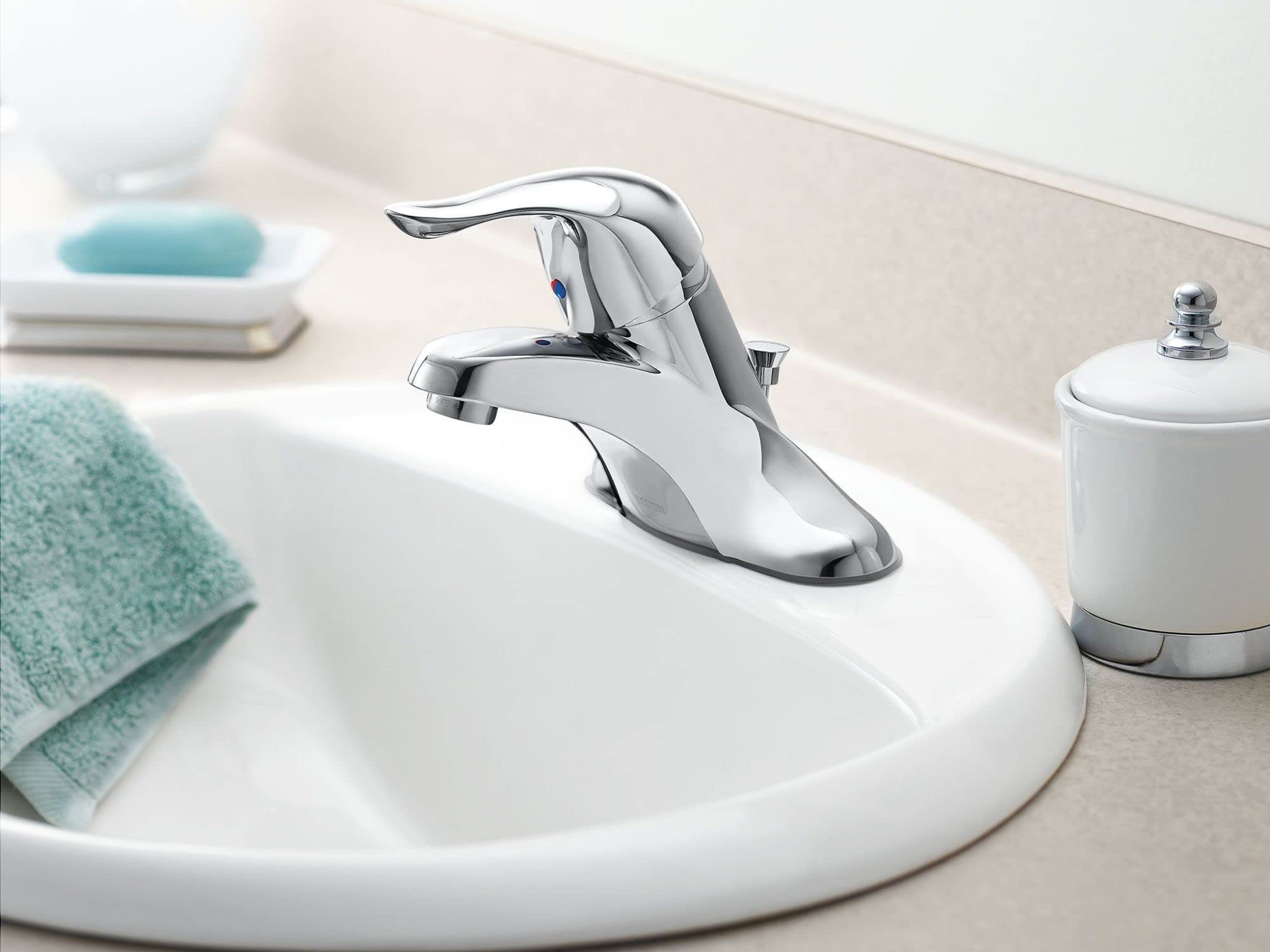 Moen Chateau Chrome Single Handle Centerset Bathroom Sink Faucet with Drain Assembly - L64621 - Perfect for Modern Bathroom Vanities and Powder Rooms
