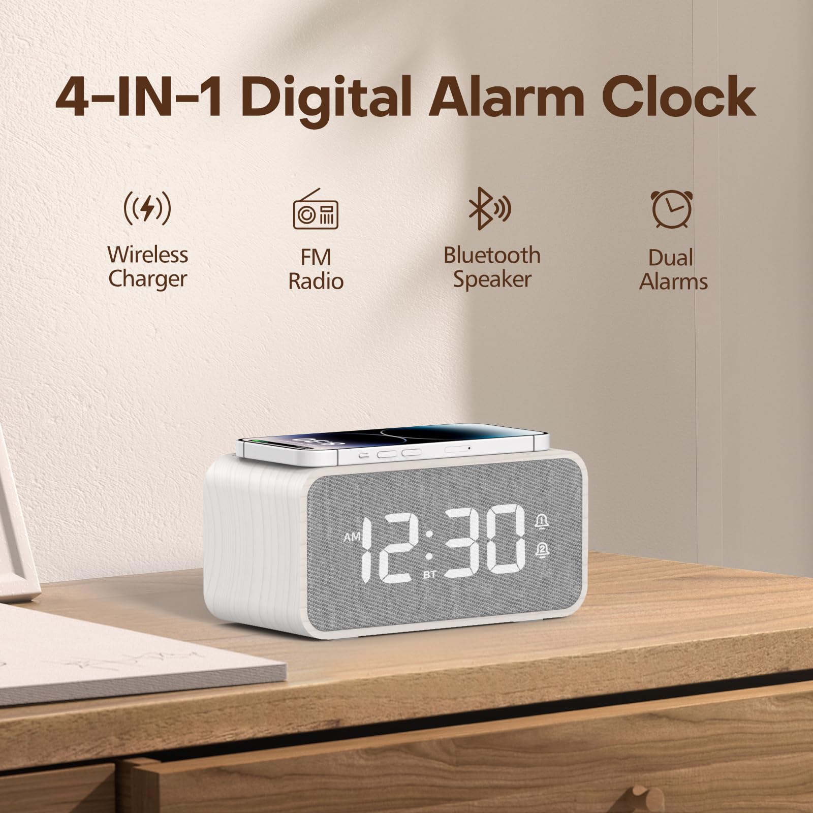 ANJANK Wooden Digital Alarm Clock with Bluetooth Speaker, Wireless Charging for iPhone & Samsung, Dual Alarm, Auto Time Sync, Adjustable Brightness - Perfect for Bedroom, Office, Nightstand & Home Decor