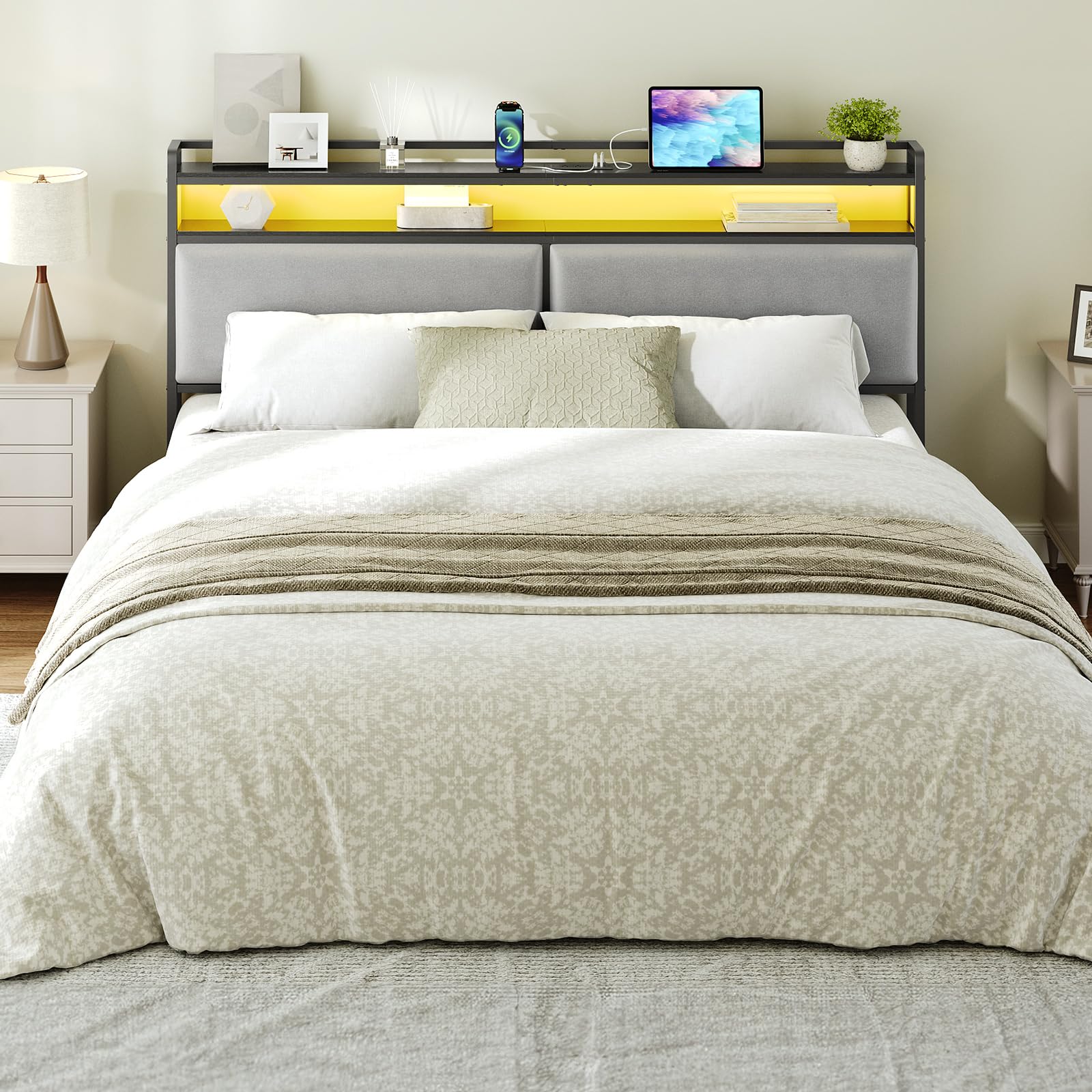 HOOBRO King Size Upholstered Storage Headboard with Charging Station, 2 Outlets & 2 USB Ports, Adjustable LED Lights - Easy Assembly, Black & Gray - Perfect for Bedroom Organization & Modern Home Decor