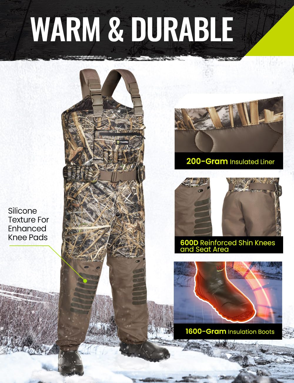 TIDEWE Breathable Chest Wader - 1600G Insulated Waterproof Hunting Waders with Steel Shank Boots & 200G Thermal Liner for Fly Fishing, Duck Hunting, and Outdoor Adventures