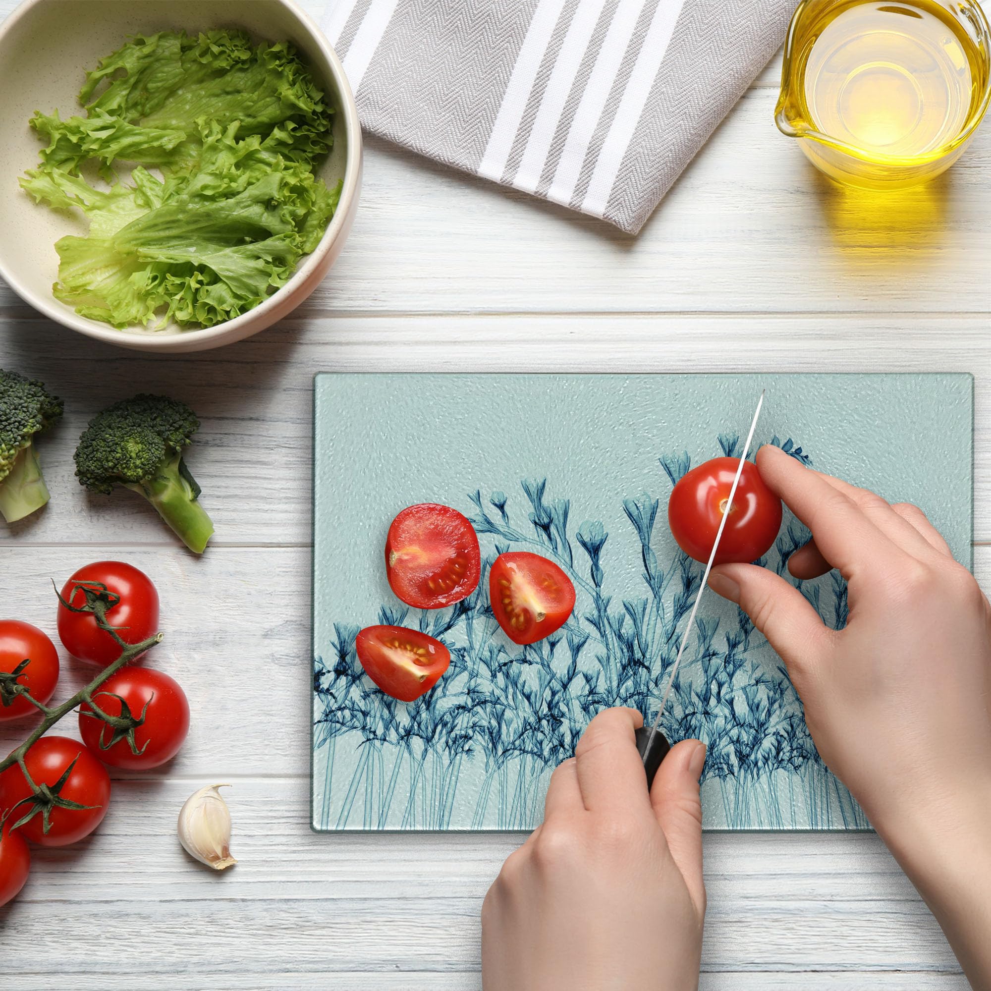 Ambesonne Floral Glass Cutting Board - Teal & White X-ray Flower Design - Decorative Tempered Glass Serving Board for Kitchen & Dining - Perfect for Cheese Display, Charcuterie & Home Decor