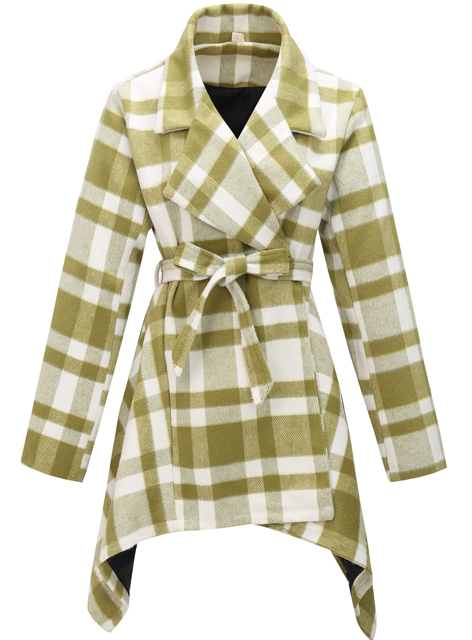 PLREOSEVNTE Women's Wool Blend Belted Wrap Coat with Turn Down Collar & Asymmetric Hem - Stylish Grid Design for Fall & Winter Fashion, Office Wear & Outdoor Activities