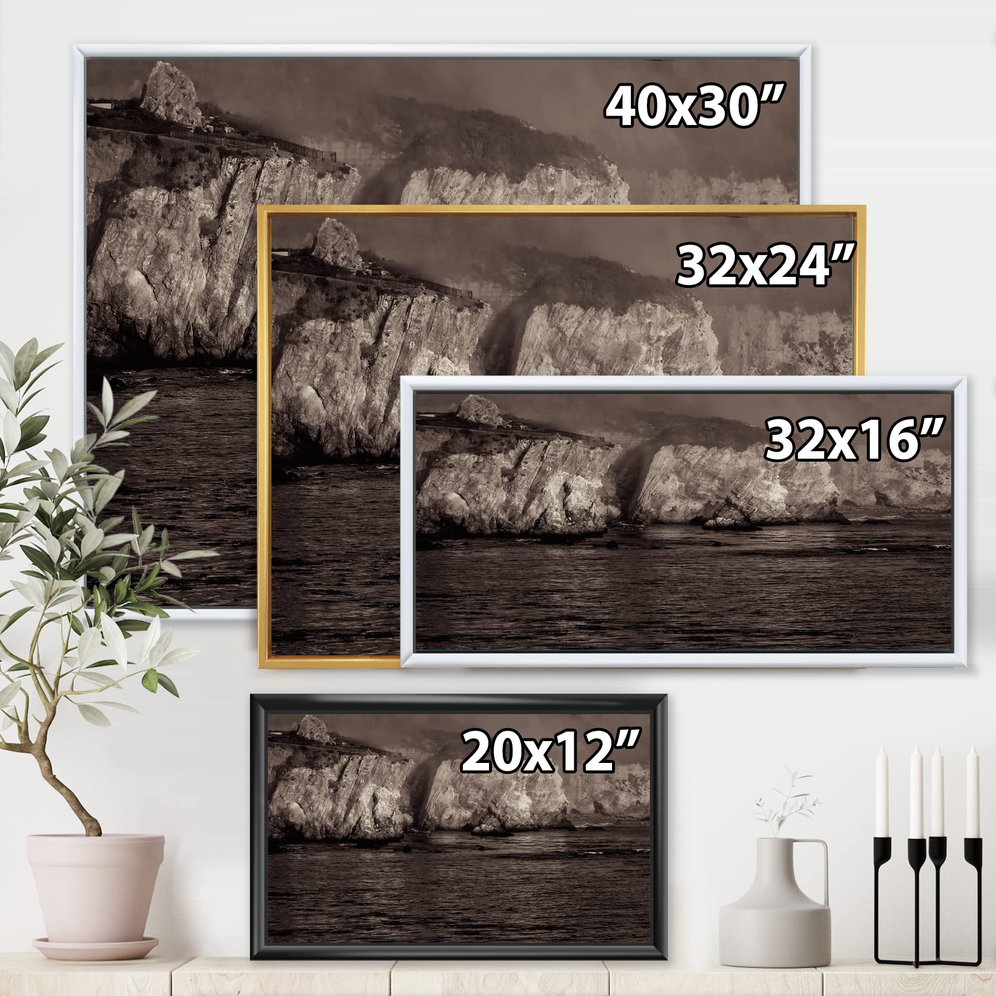 Gold Cliffs In The Fog - Modern Framed Canvas Wall Art Print - Nature Landscape Painting for Living Room, Bedroom & Office Decor
