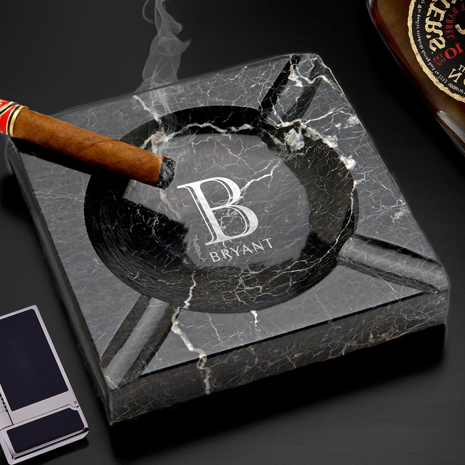 Personalized Black Marble Square Cigar Ashtray with Laser Engraved Monogram - Custom Cigar Accessories for Men, Luxury Smoking Gifts, Home Bar & Office Decor