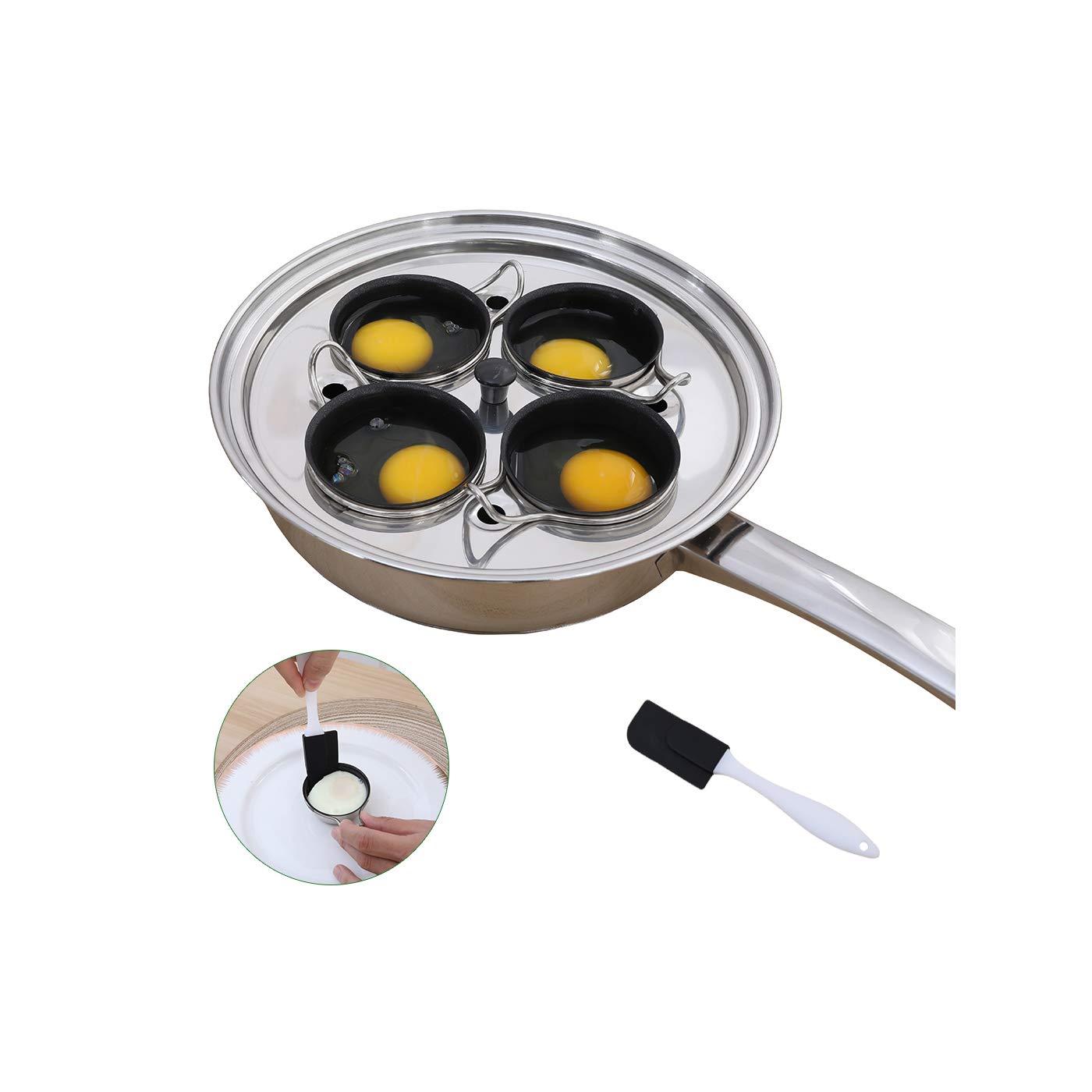 Stainless Steel Egg Poacher Pan - 4 Nonstick PFOA-Free Cups with Silicone Spatula | Perfect for Induction Cooktops | Easy Breakfast & Brunch Cooking | Ideal for Poached Eggs, Omelets & Healthy Meals
