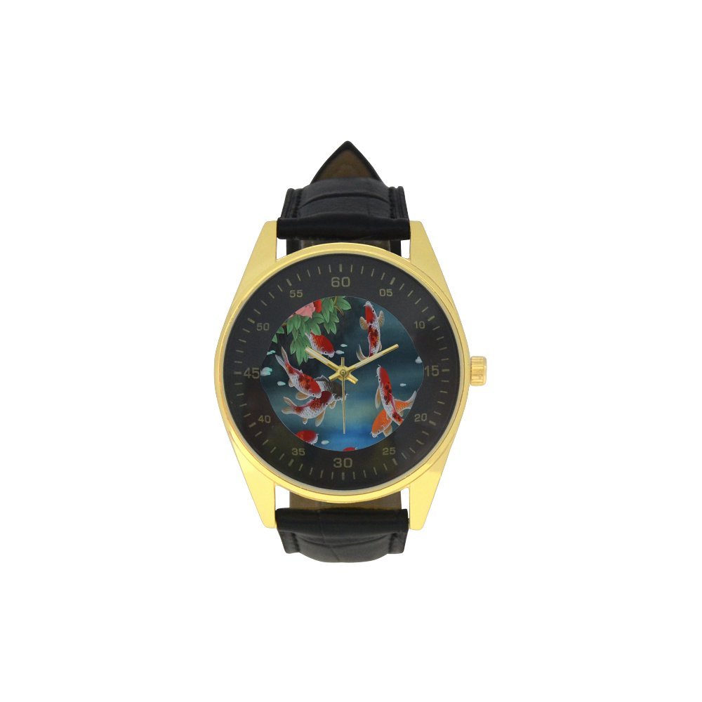 Men's Golden Leather Strap Watch with Koi Fish Design - Elegant Dress Watch for Business, Formal Events & Everyday Wear