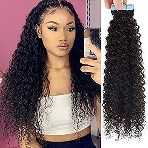 Brazilian Remy Tape-in Human Hair Extensions - Kinky Curly Adhesive Weft (40pcs, 26inch, #4 Dark Brown) 100g Natural Black Hair for Daily Styling & Special Occasions