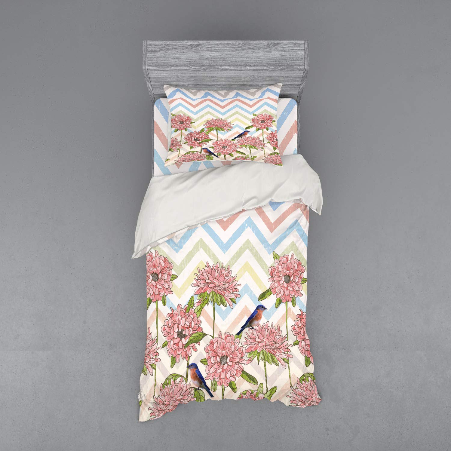 Ambesonne Vintage Floral Bedding Set - 3 Piece Duvet Cover with Peony Flowers & Birds Design, Twin Size Multicolor Cotton Set for Cozy Bedroom Decor | Perfect for Guest Rooms, Dormitories & Boho Chic Home Styling