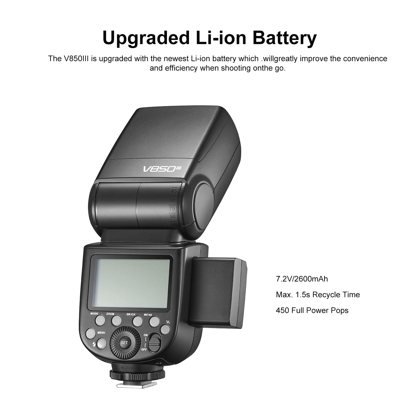 Godox V850III GN60 1/8000s HSS Camera Flash Speedlite with 2600mAh Li-ion Battery - Compatible with Canon, Nikon, Sony, Fujifilm, Olympus DSLR & Mirrorless Cameras - 1.5s Recycle Time & 450 Full Power Pops - Perfect for Portrait, Wedding, and Studio Photography