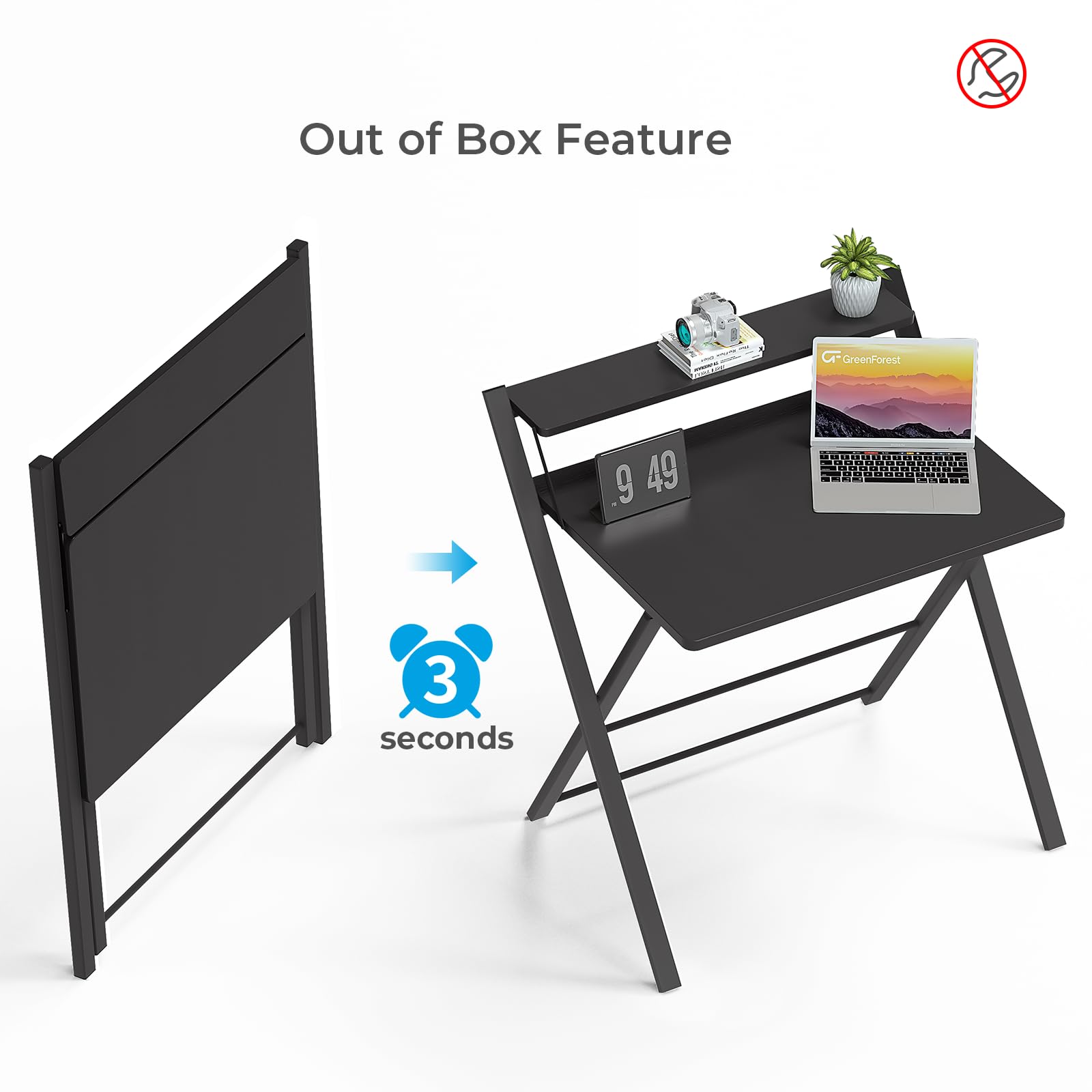 GreenForest Folding Desk - No Assembly Required 2-Tier Computer Desk with Shelf | Space Saving Portable Laptop Table for Home Office & Small Spaces | Perfect for Remote Work, Dorm Rooms & Studio Apartments (Black)