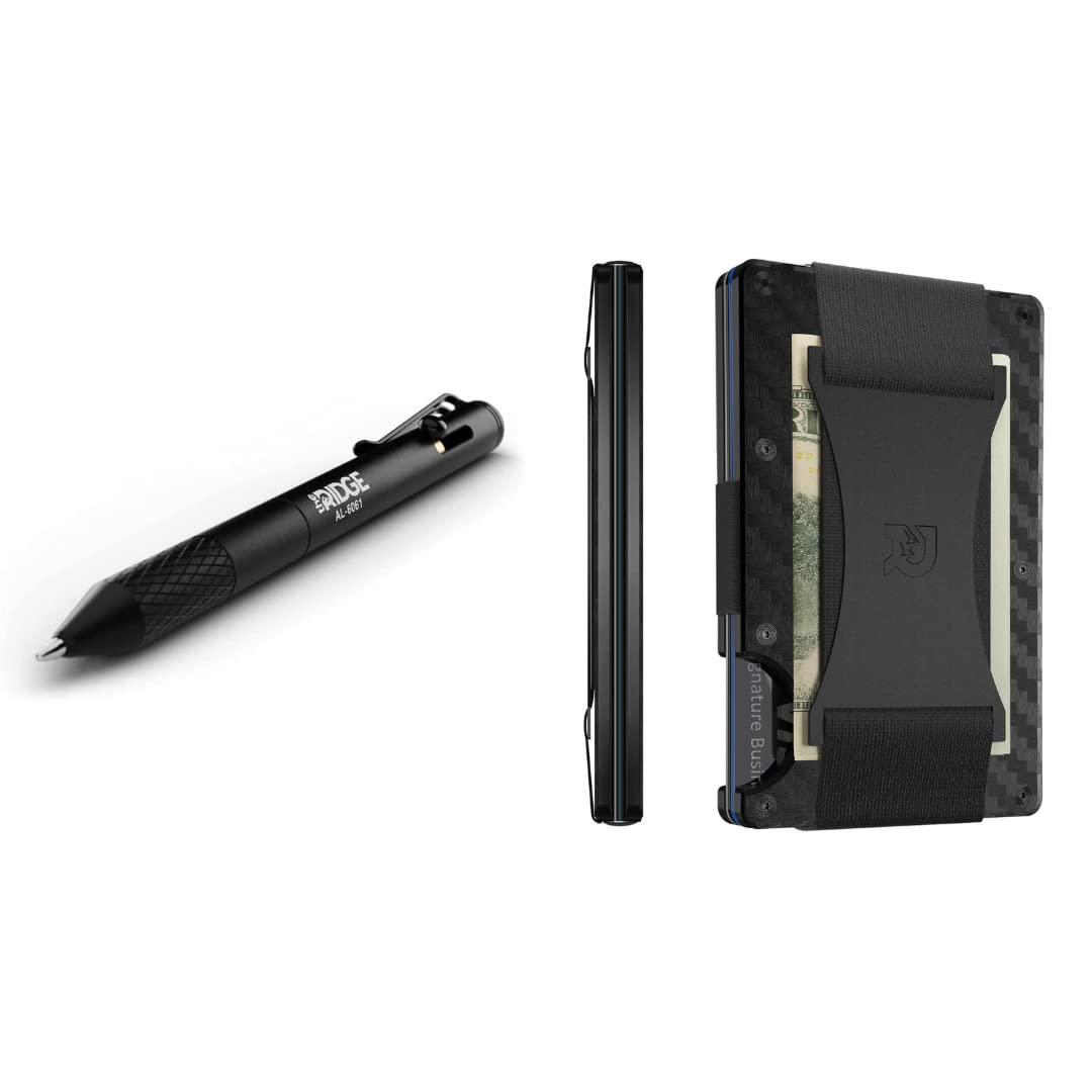 The Ridge Minimalist Slim Wallet for Men - Carbon Fiber RFID Blocking Wallet with Cash Strap | The Ridge Bolt Action Pen - Aluminum Ballpoint Pen with Textured Grip & Pressurized Refill | Perfect for Everyday Carry, Travel & Business Gifts