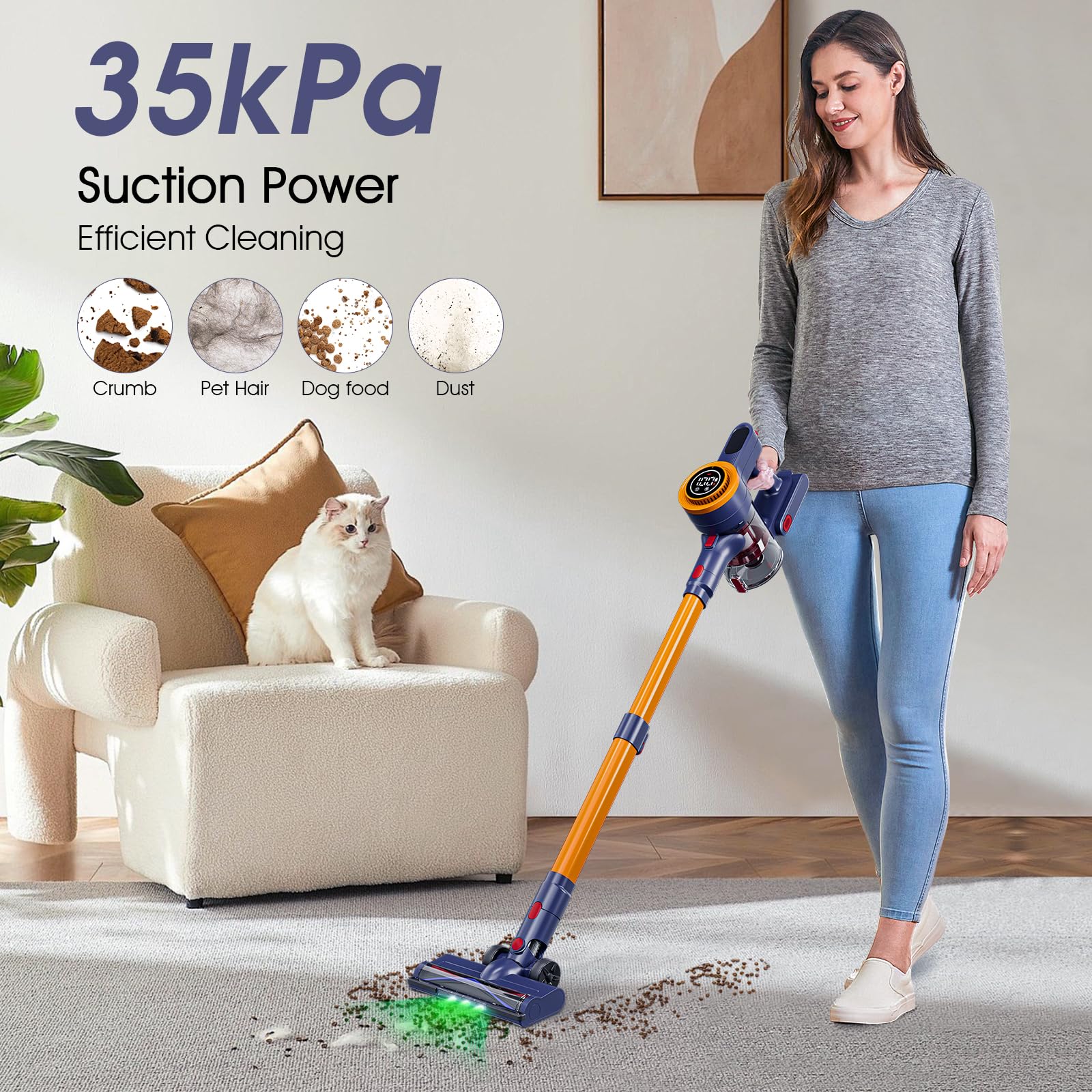 35kPa Strong Suction Cordless Vacuum Cleaner with 2200mAh Removable Battery - 6-in-1 Lightweight Handheld Stick Vacuum for Carpets, Hard Floors & Pet Hair - Anti-Tangle & Portable Design - Perfect for Home Cleaning, Car Detailing & Pet Hair Removal (Orange)