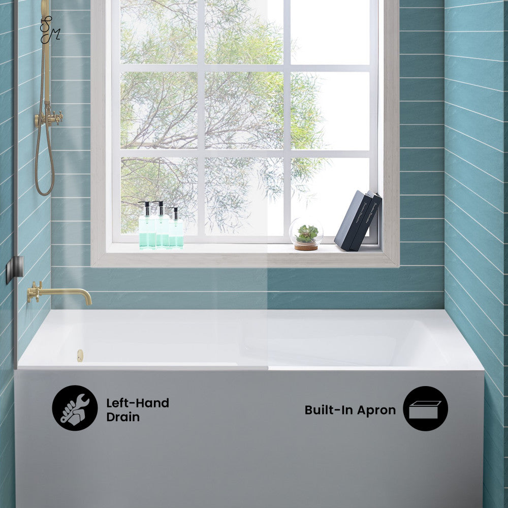 Voltaire 60 x 32 Inch Left Hand Drain Alcove Bathtub with Apron and Armrest - Perfect for Small Bathrooms and Modern Home Spa Relaxation