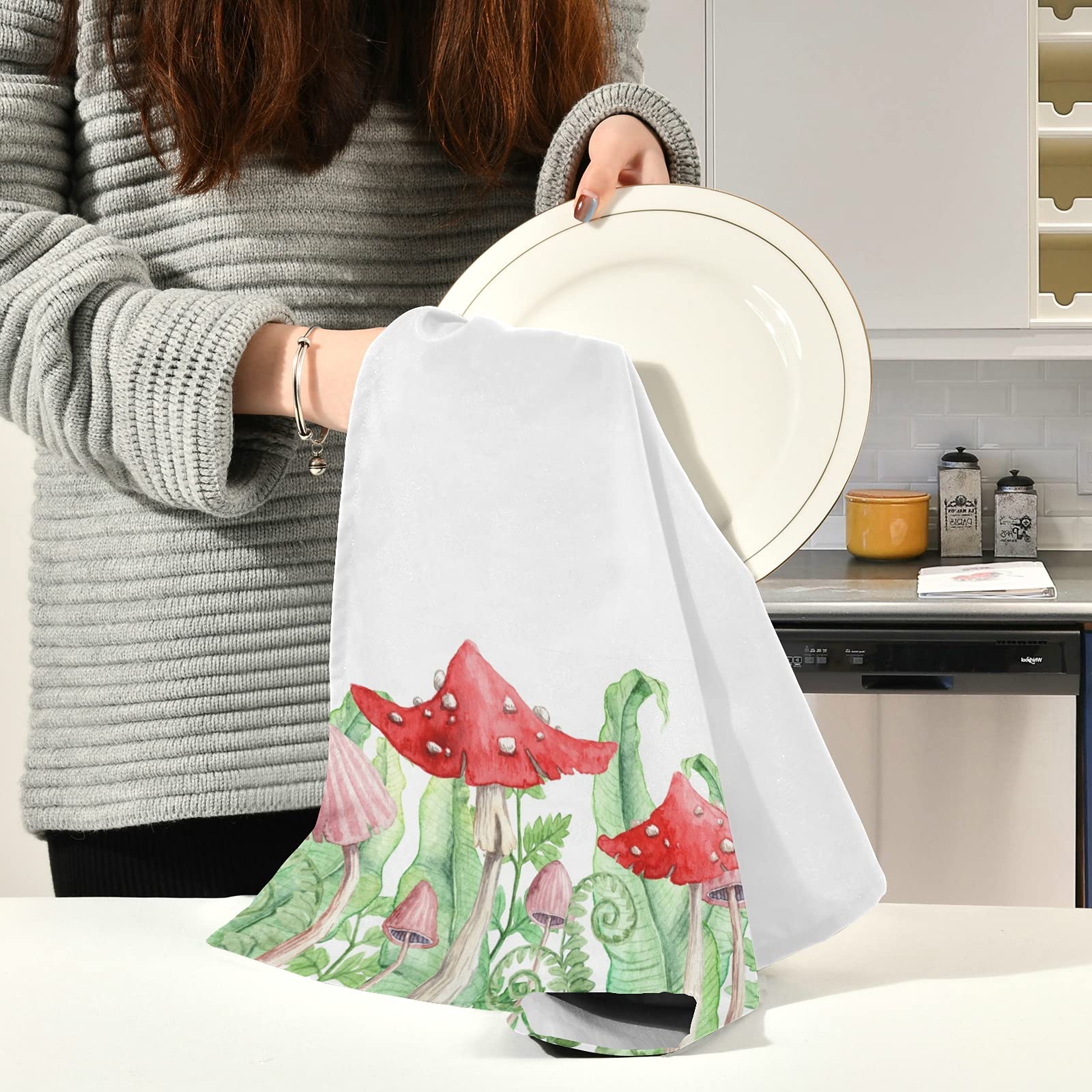 6-Pack Fern & Mushroom Print Kitchen Dish Towels - 18x28 Inch Soft Absorbent Fast-Drying Bath & Tea Towels for Kitchen, Bathroom & Bar Cleaning | Forest Leaves Design