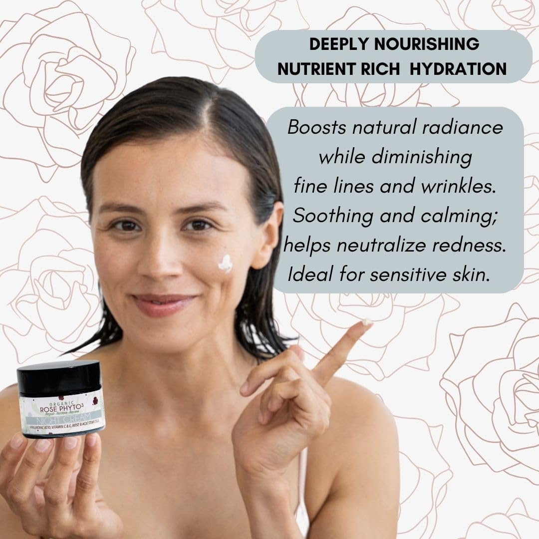 Organic Rose Phyto³ Night Cream with Hyaluronic Acid - Anti-Aging Face Moisturizer for Women - Wrinkle Cream with Rose Water, Vitamin C & E, and Acaí Stem Cells (2 fl. Oz) | Hydrating Night Treatment for Dry Skin, Perfect for Evening Skincare Routine & Anti-Wrinkle Care
