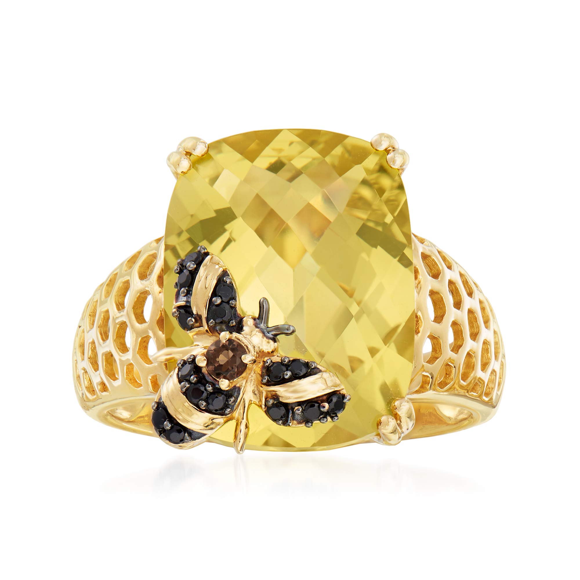 8.75 Carat Lemon Quartz Bumblebee Ring with Smoky Quartz & Black Spinels in 18K Gold Over Sterling Silver - Size 8 | Elegant Cocktail Ring for Evening Parties, Date Nights & Special Occasions