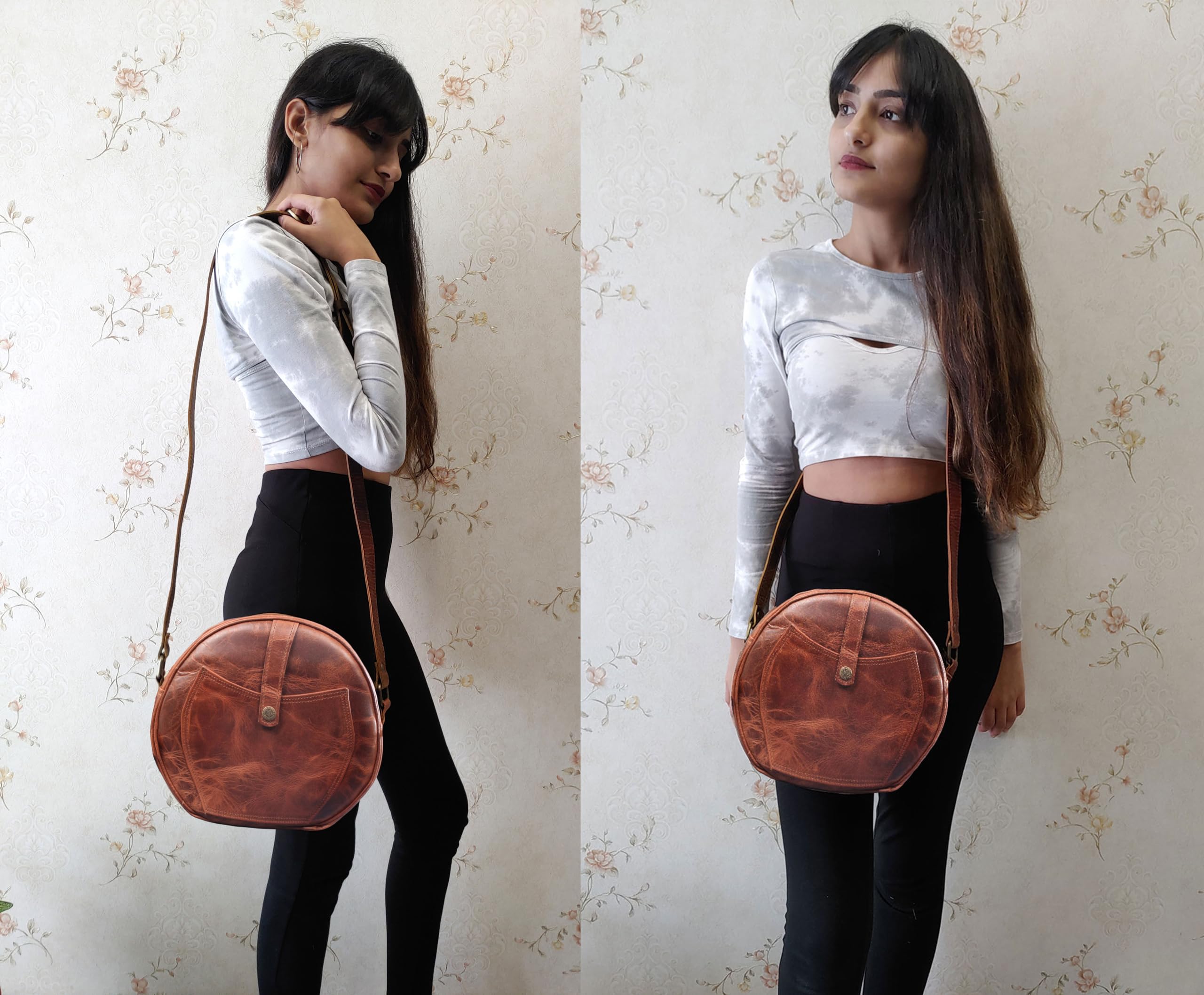 Genuine Leather Crossbody Bag for Women - Madosh Round Sling Purse with Adjustable Strap, Perfect for Travel, Shopping & Everyday Use