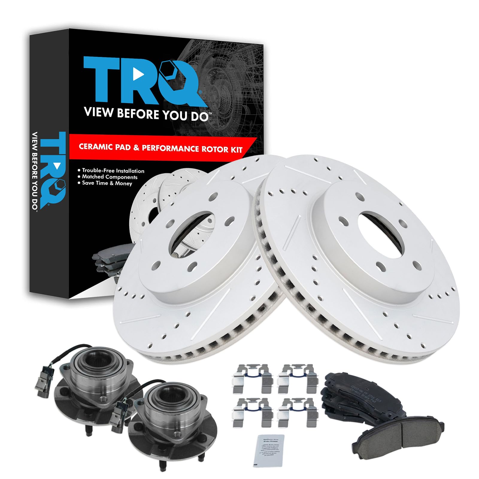 TRQ Front Wheel Hub Bearings & Ceramic Brake Pads with Performance Rotors Kit - Compatible with GM SUVs (Chevy Tahoe, Suburban, GMC Yukon) - Perfect for Off-Roading, Towing & High-Performance Driving