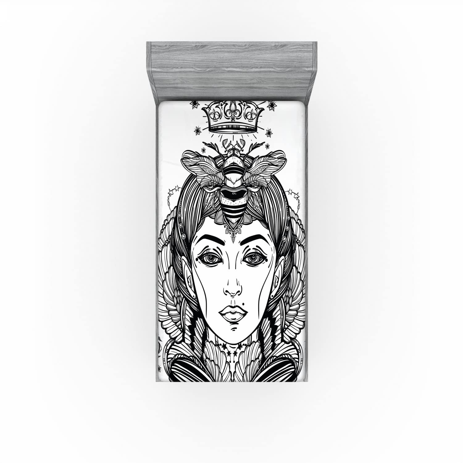 Ambesonne Queen Fitted Sheet - Queen Bee Portrait Fantasy Art Bed Cover with Deep Pocket Elastic, Twin Size Dark Brown & White | Perfect for Guest Rooms, Dorm Decor & Bohemian Bedroom Style