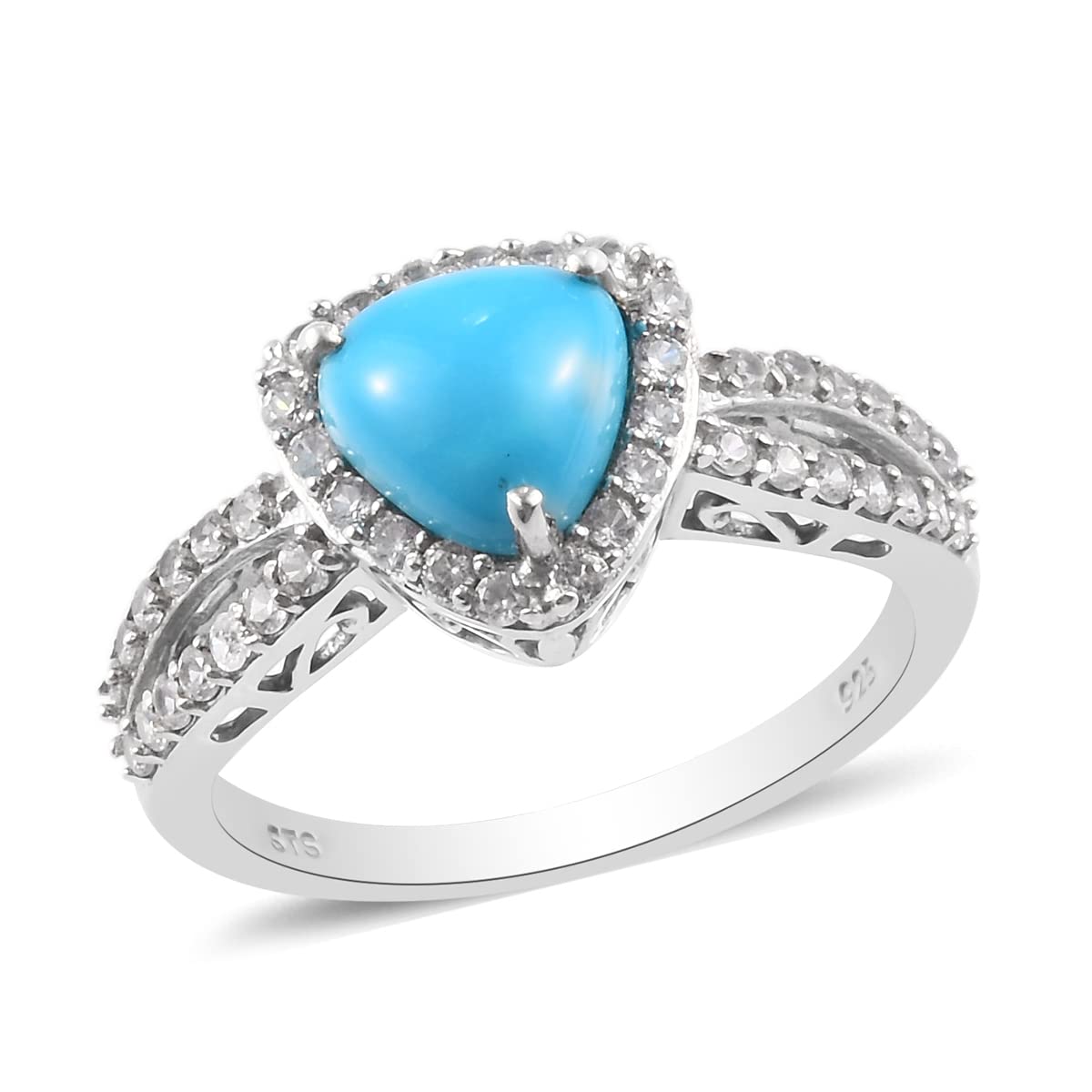 925 Sterling Silver Platinum Plated Trillion Cut Zircon Halo Ring with Natural Sleeping Beauty Turquoise - Women's Size 9 - Elegant Jewelry Gift for Birthday, Anniversary & Special Occasions