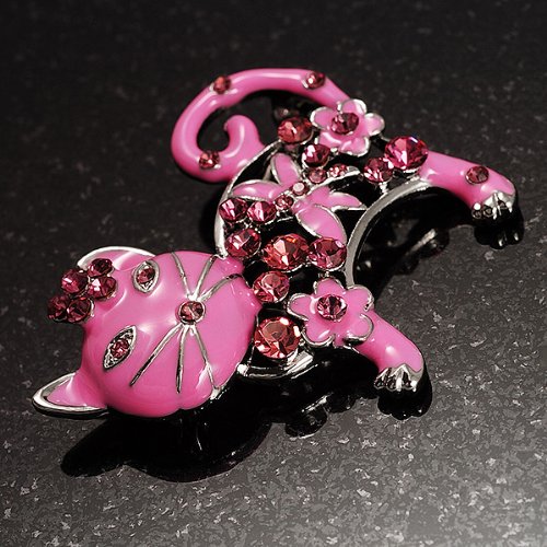 Elegant Pink Crystal Enamel Cat Brooch Pin - Vintage Style Jewelry for Women - Perfect for Blazers, Scarves & Handbags