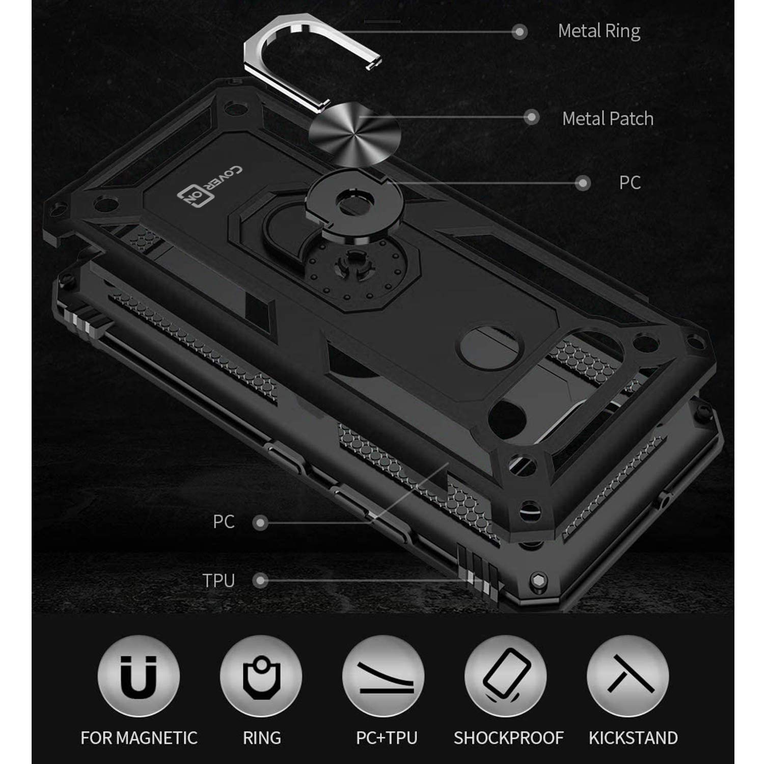 CoverON Magnetic Ring Kickstand for LG K51 & LG Reflect Cases - Rugged Protective Phone Cover with Mounting Compatibility (Black) | Perfect for Car Mounts, Desk Viewing & Hands-Free Use