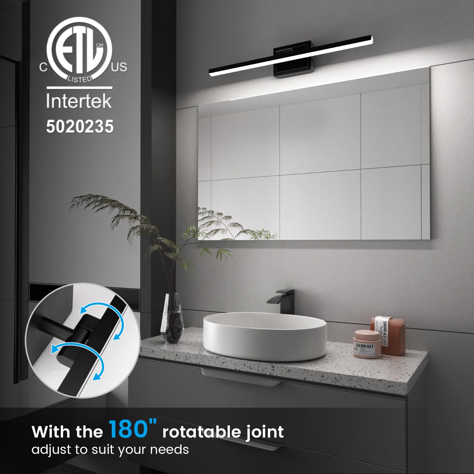 VOLISUN 24 Inch Modern Bathroom Vanity Light - Rotatable Black LED Light Fixture with Dimmable 5CCT & 14W for Mirror - ETL Certified - Perfect for Bathroom, Restroom, and Dressing Room Lighting
