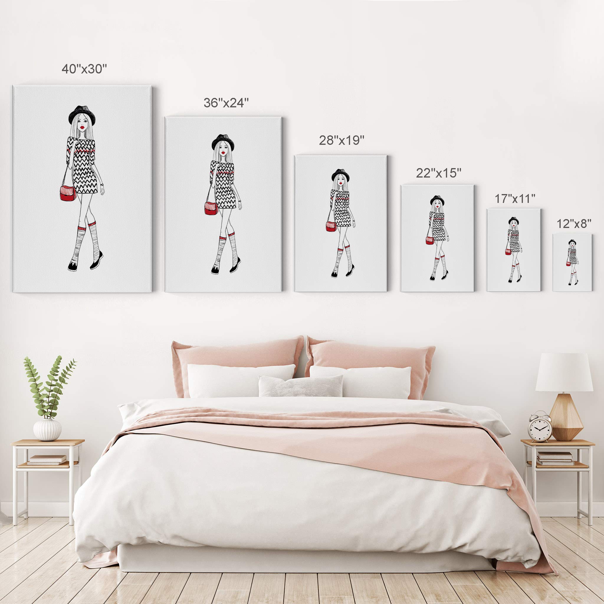 Glam Fashion Canvas Print - Beautiful Woman in Black Hat & Red Lips Wall Art | 40x30 Inch Ready to Hang | Perfect for Office, Bathroom, Teen Girl Room, Women's Dorm, Bedroom & Living Room Decor