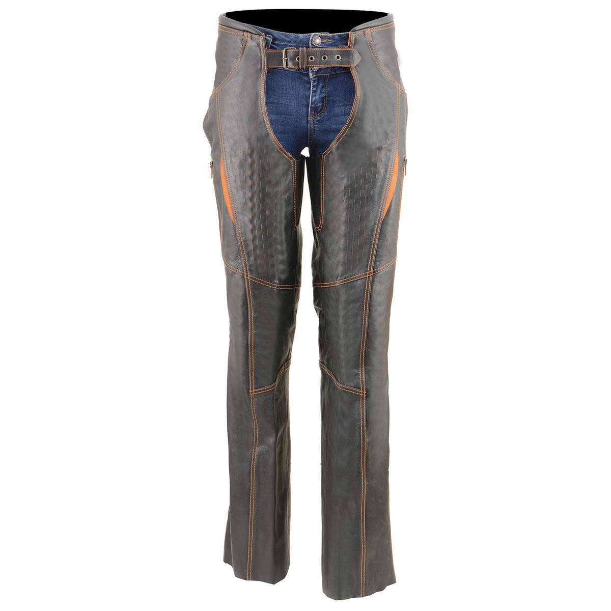 Premium Milwaukee Leather Motorcycle Chaps for Women - Black & Orange with Laser Cut Accent Stitching (MLL6525, Large) | Durable Riding Gear for Harley, Cruiser & Adventure Bikes