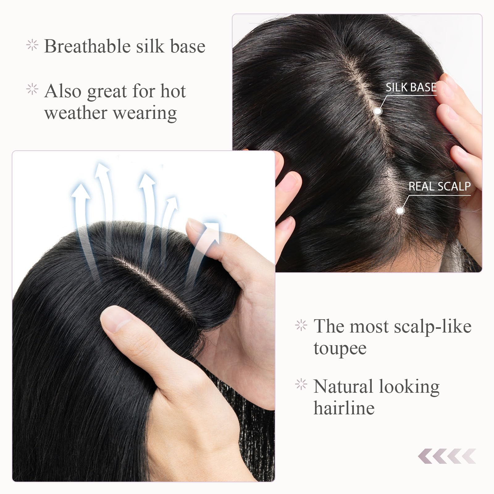 100% Real Human Hair Topper for Women - 18 Inch Jet Black Hairpiece with 4